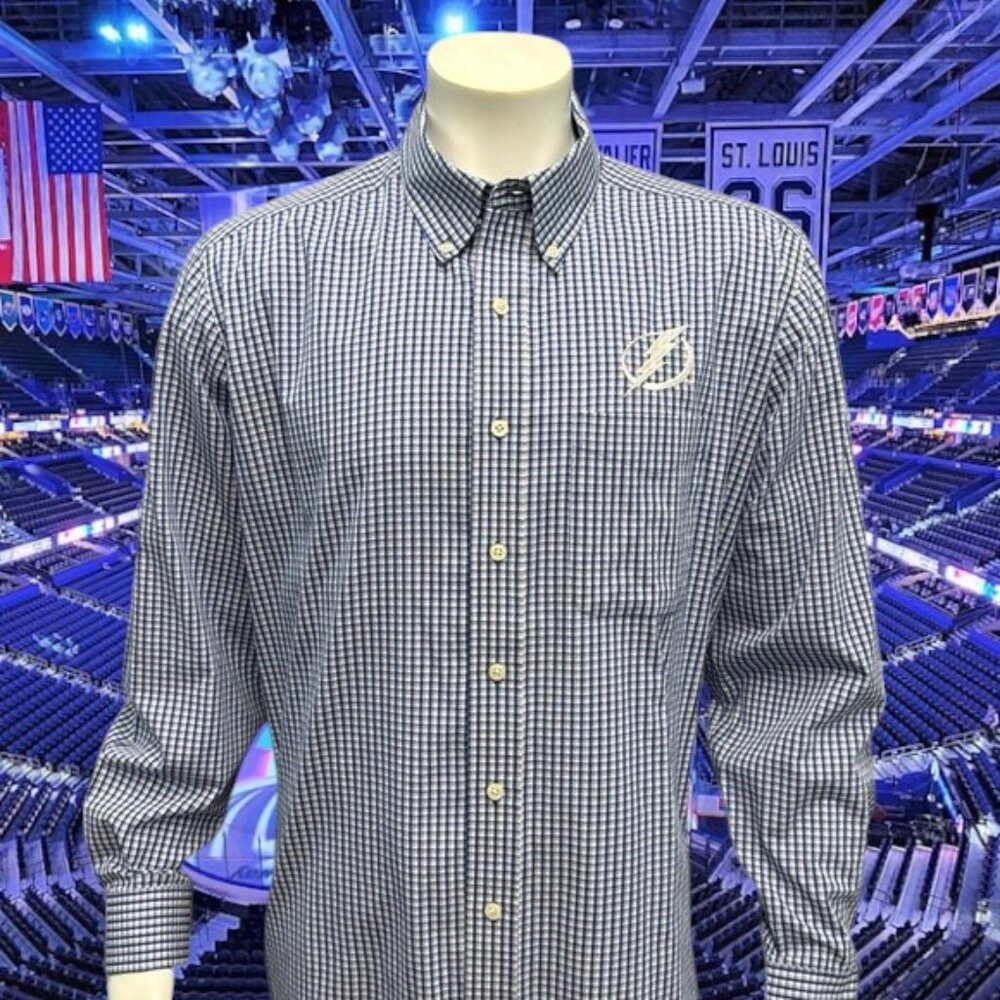 Tampa Bay Lightning Blue White Check Embroidered Mens Long Sleeve Dress Shirt XL